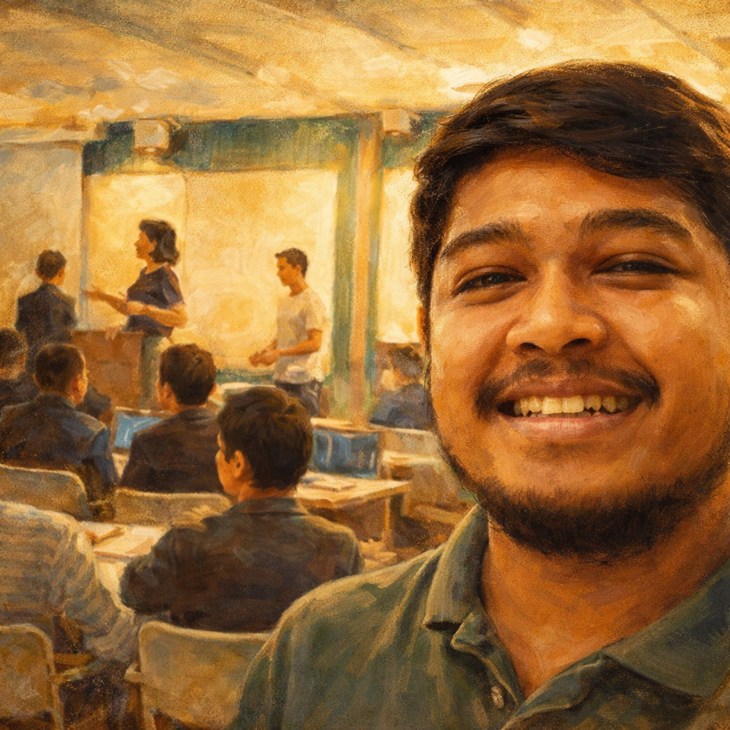 Farhan Kamarzaman tersenyum dalam suasana bengkel